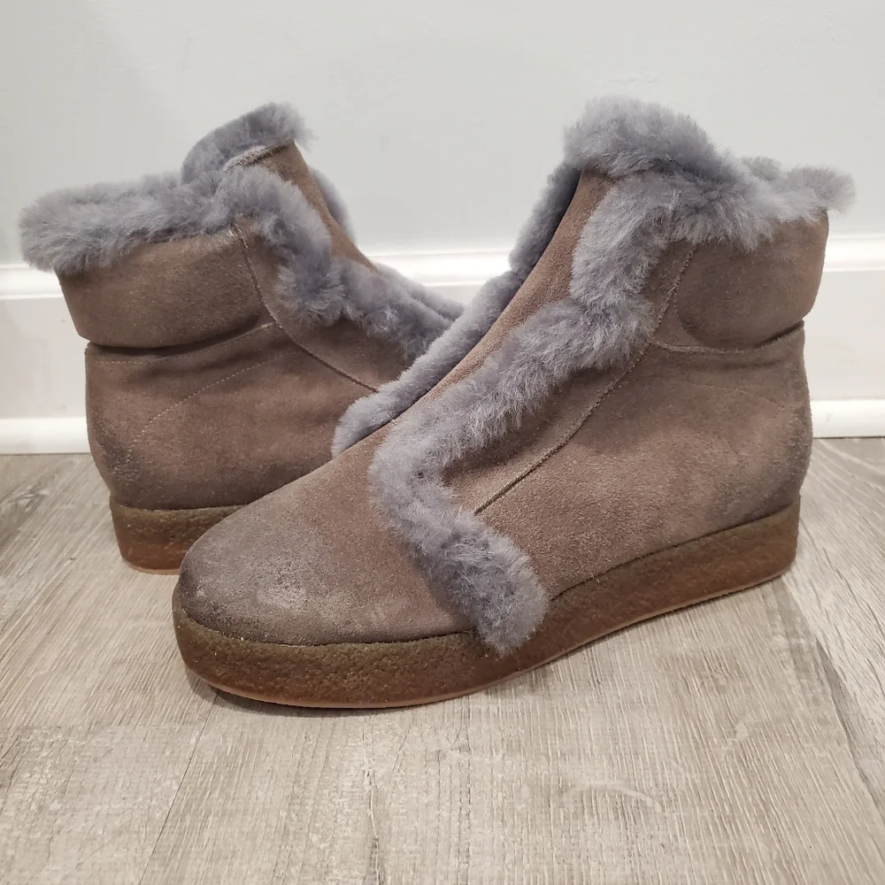 Antelope Fur Trim Ankle Boot Taupe Gray
